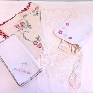Handmade Vintage Linens Bundle White Strawberry Floral Lace Embroidery